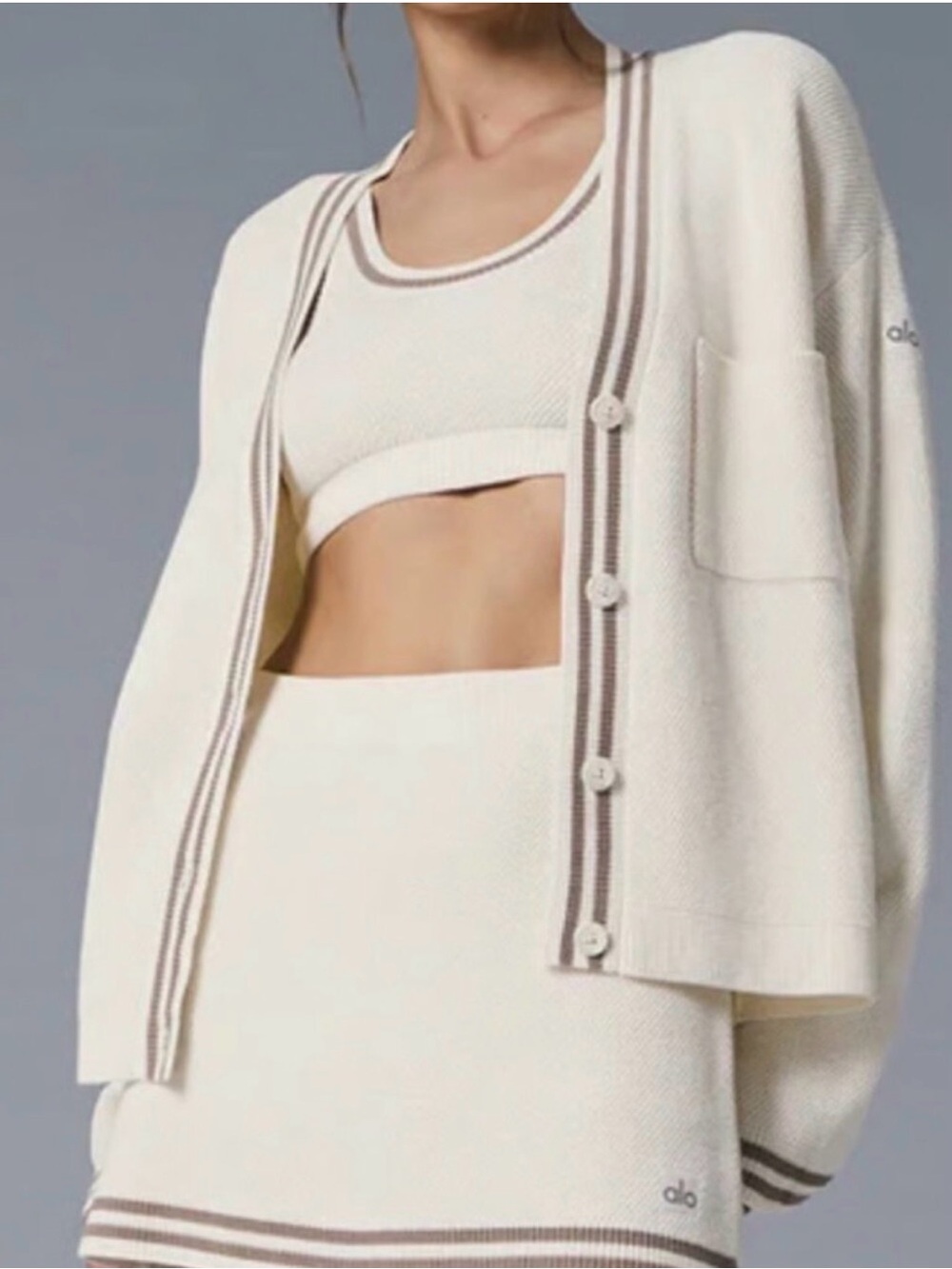 Alo Tennis Club Sweater Knit Cardigan - Ivory/Gravel